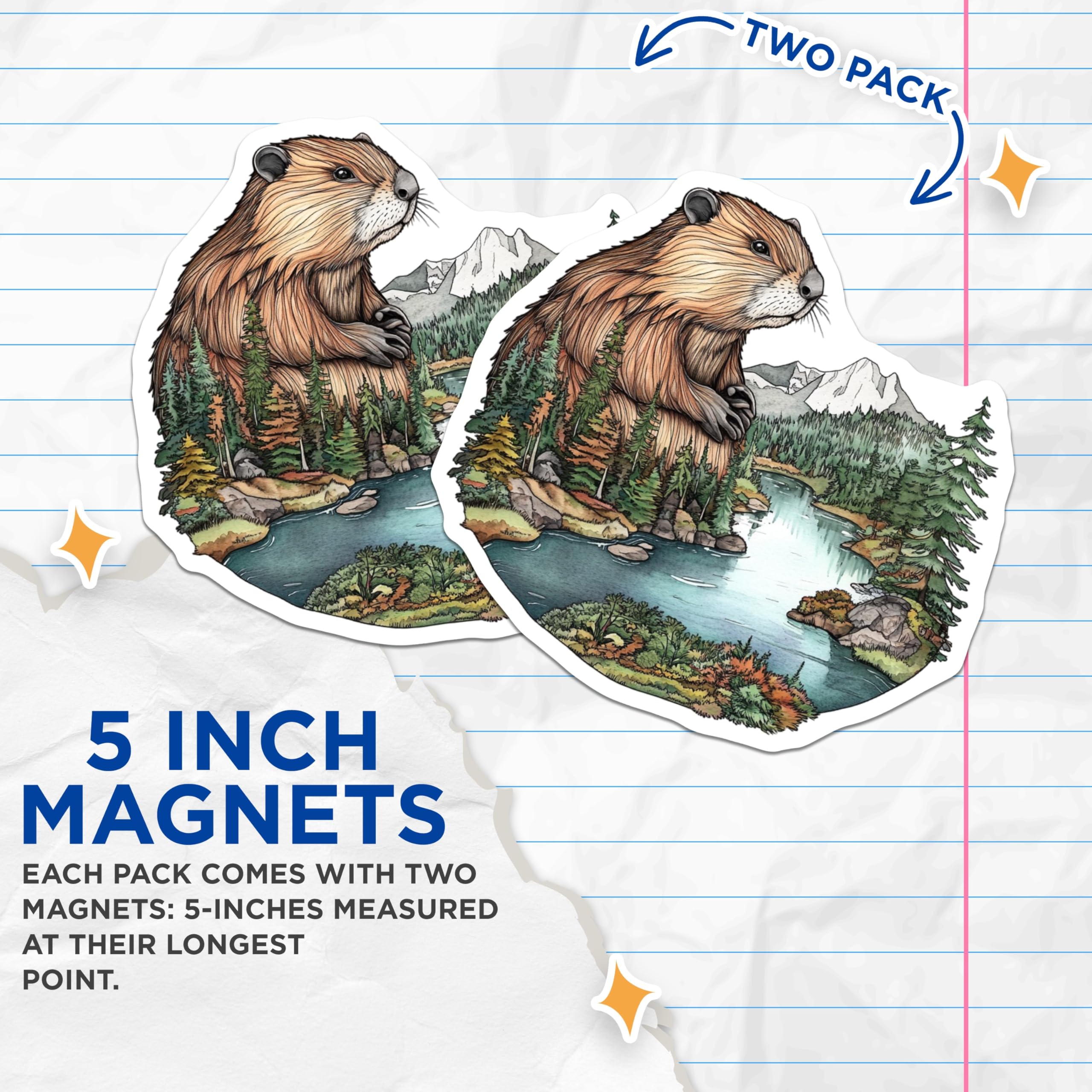 (2 Pack) Beaver Nature Magnets - Forest Lake Art - Wildlife Home Decor - 5" On Longest Side - Premium Magnet - for Cars, Refrigerators, Toolboxes, Lockers - Made in USA - MAG15058