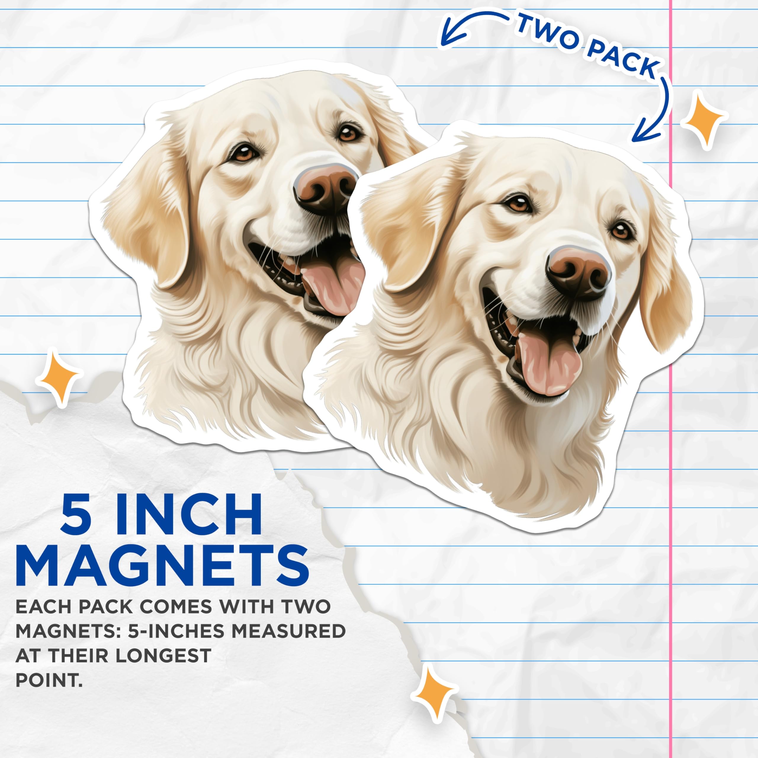 (2 Pack) Golden Retriever Magnets - Adorable Dog Refrigerator Decor - Happy Pet Lover Appliance Decals for Home - 5 Inches On Longest Side - Thick Durable Magnet - Made in USA - MAG23461
