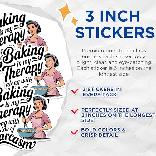(3 Pack) Baking Therapy Decals - Sarcasm Baker Stickers - Funny Kitchen Laptop Decal - 3 Inches On Longest Side - Easy Peel & Apply - Made in USA - 3MCS1731