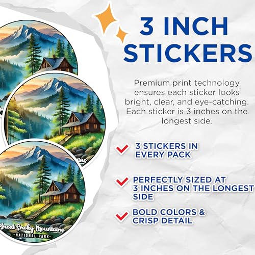 (3 Pack) Smoky Mountains Decals - National Park Sticker - Cabin Landscape Decals - 3 Inches On Longest Side - Easy Peel & Apply - Made in USA - 3MCS0468