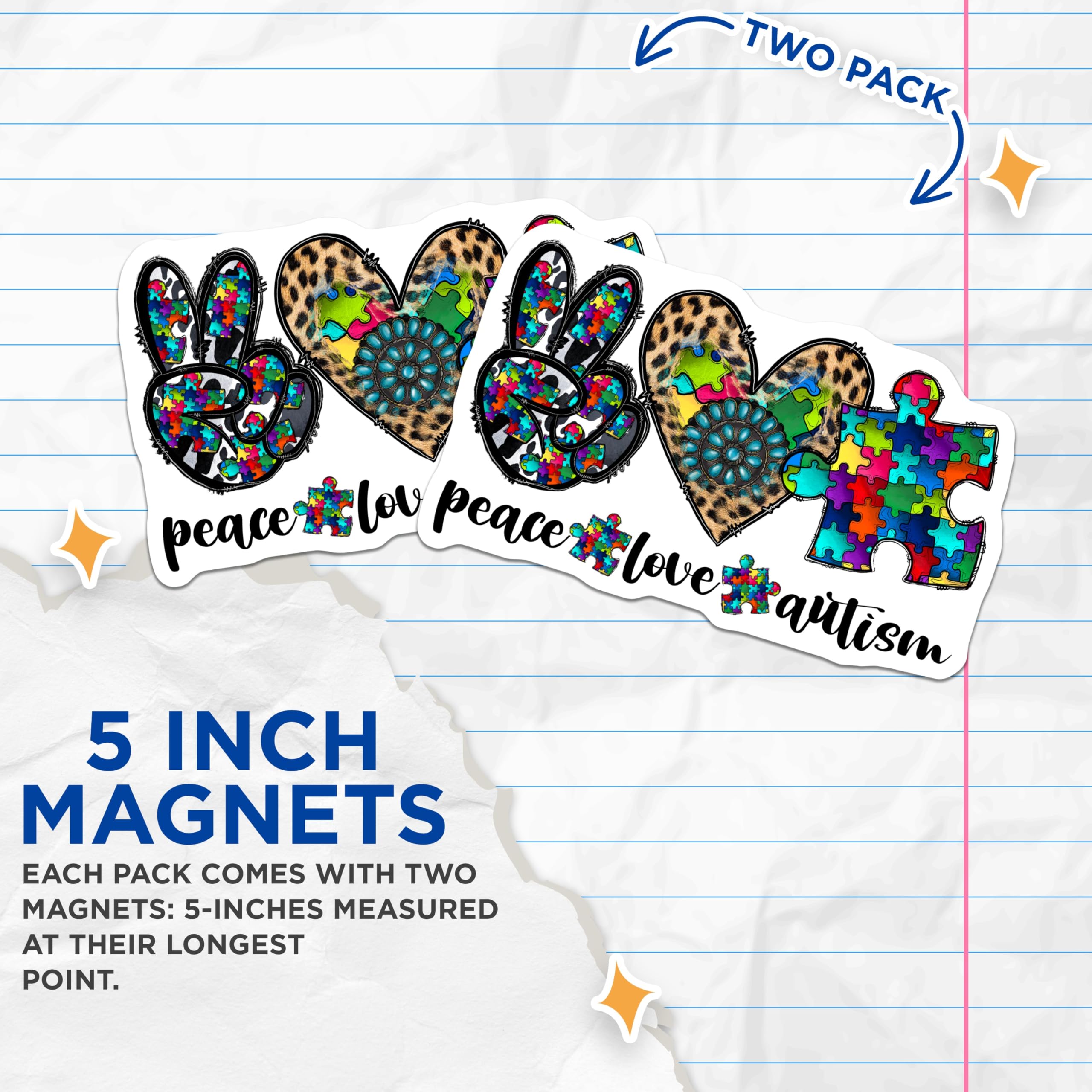 (2 Pack) Autism Awareness Magnets - Peace Love Autism Decor - Neurodiversity Support Magnet - 5 Inches On Longest Side - Thick Durable Magnet - Made in USA - MAG28202