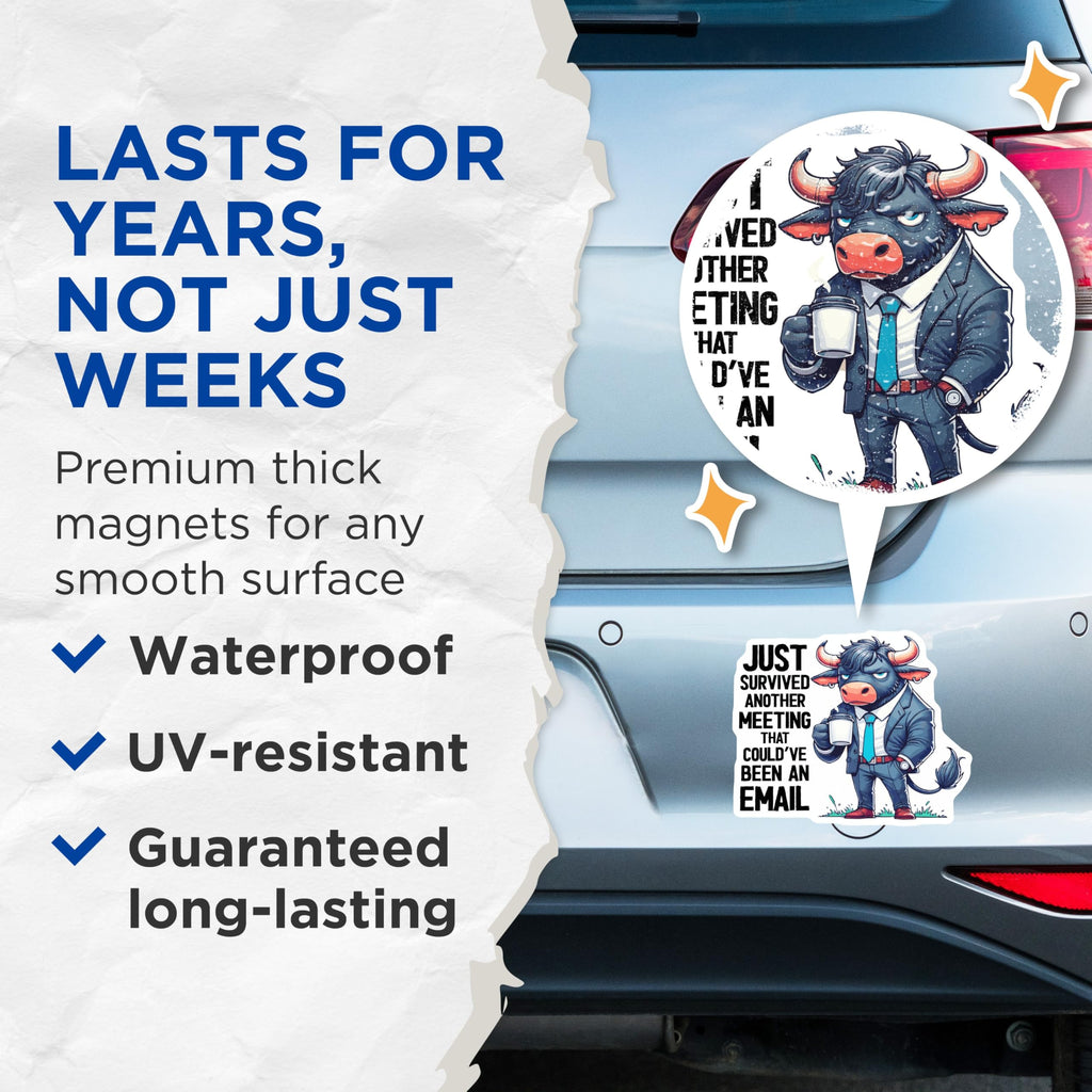 (2 Pack) Meeting Bull Magnets - Funny Office Decor - Coworker Humor - 5" On Longest Side - Premium Magnet - for Cars, Refrigerators, Toolboxes, Lockers - Made in USA - MAG16114