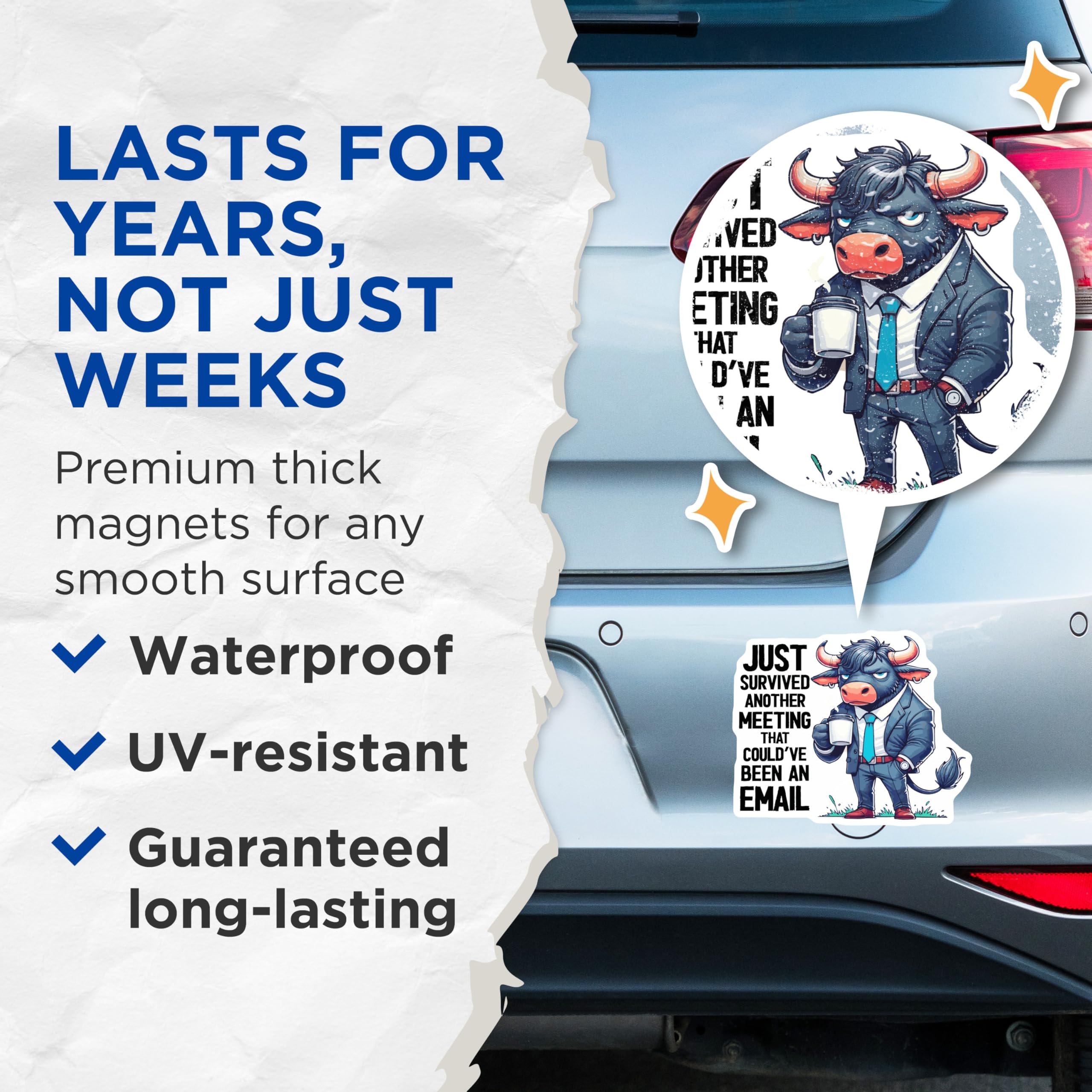 (2 Pack) Meeting Bull Magnets - Funny Office Decor - Coworker Humor - 5" On Longest Side - Premium Magnet - for Cars, Refrigerators, Toolboxes, Lockers - Made in USA - MAG16114