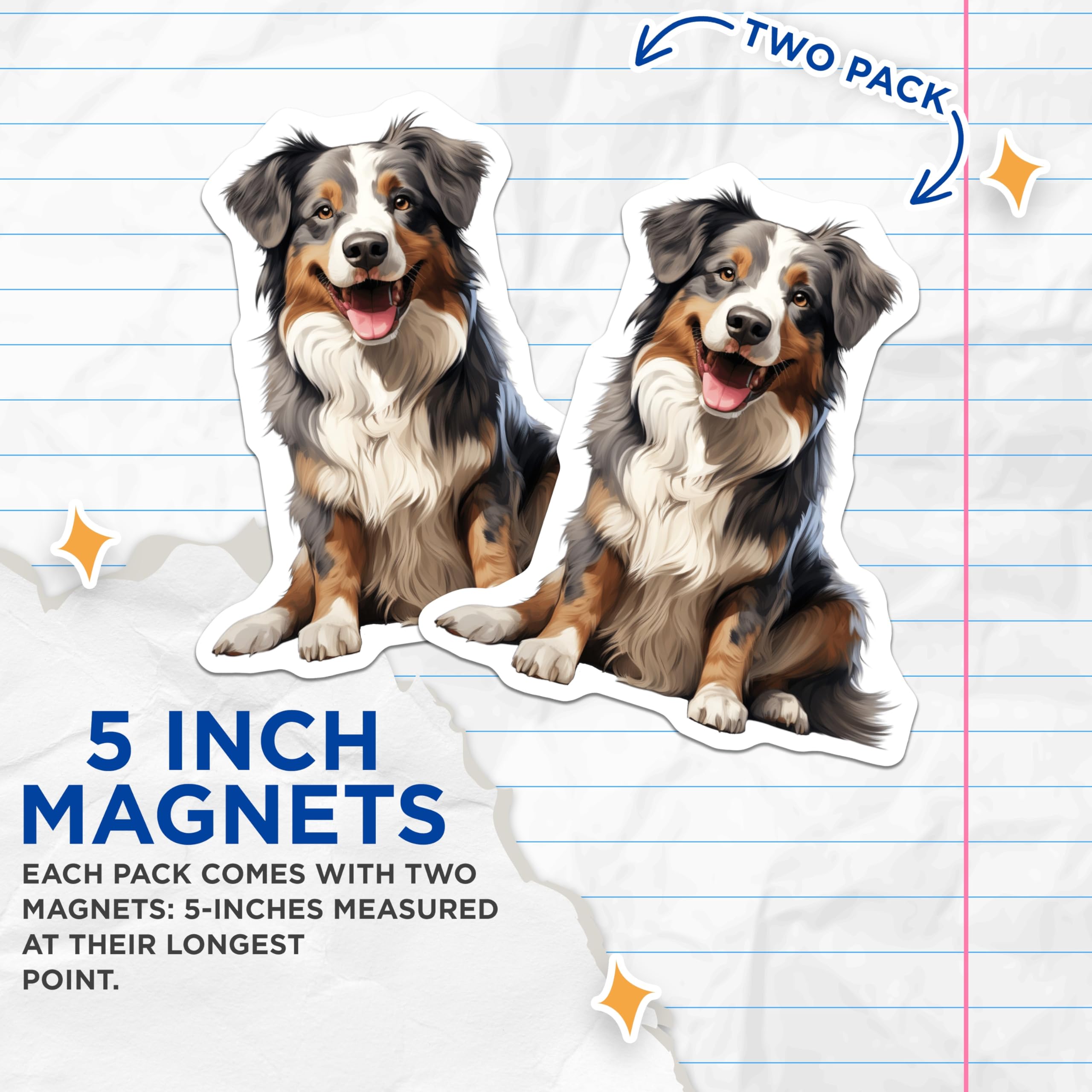 (2 Pack) Australian Shepherd Magnets - Happy Aussie Dog Decor - Pet Owner Refrigerator Art - Dog Mom Locker Accessory - 5 Inches On Longest Side - Thick Durable Magnet - Made in USA - MAG30553
