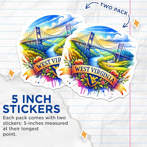 (2 Pack) West Virginia Bridge Stickers - Scenic Nature Art - State Pride Decal - 5" On Longest Side - Sticks to Smooth Flat Surfaces - Made in USA - BMCS6447