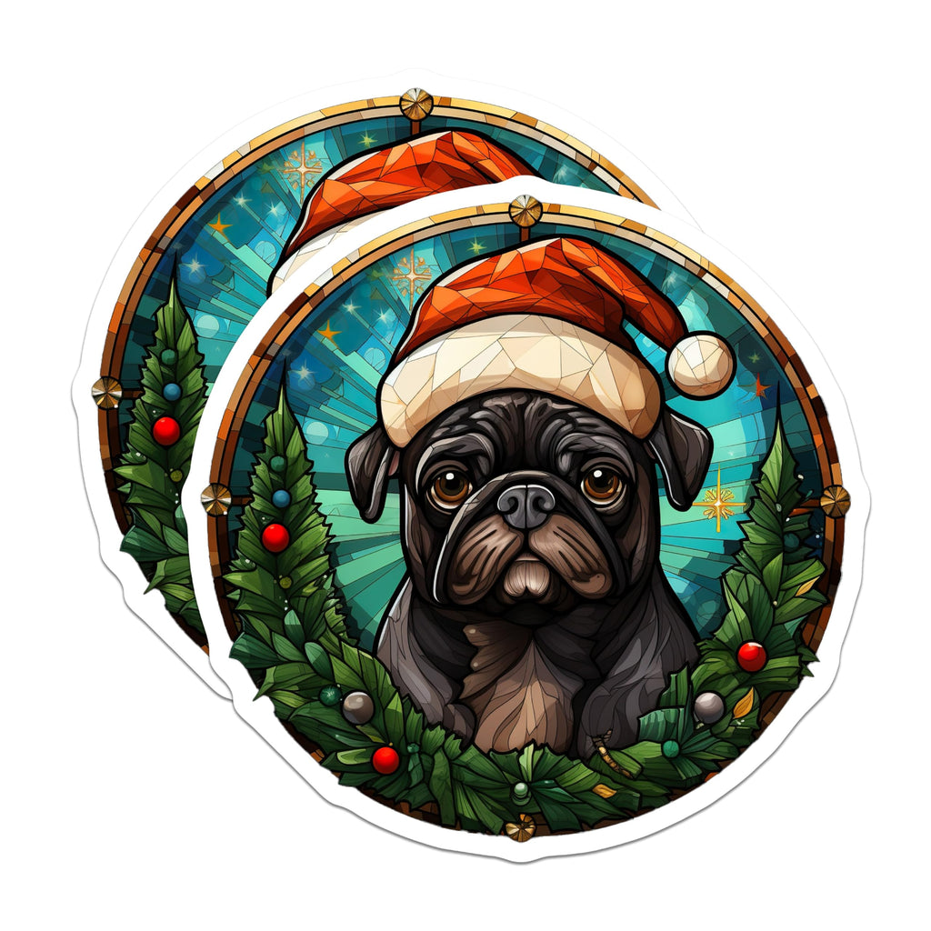 (2 Pack) Christmas Pug Magnets - Stained Glass Art Dog Decor - Festive Holiday Animal Lover Refrigerator Magnets - 5 Inches On Longest Side - Thick Durable Magnet - Made in USA - MAG23561