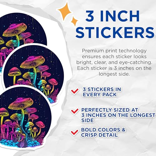 (3 Pack) Mushroom Decals - Psychedelic Stickers - Neon Laptop Decal- 3 Inches On Longest Side - Easy Peel & Apply - Made in USA - 3MCS5381