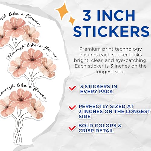 (3 Pack) Floral Flourish Decals - Flower Bouquet Stickers - Inspirational Quote Decal - 3 Inches On Longest Side - Easy Peel & Apply - Made in USA - 3MCS1629
