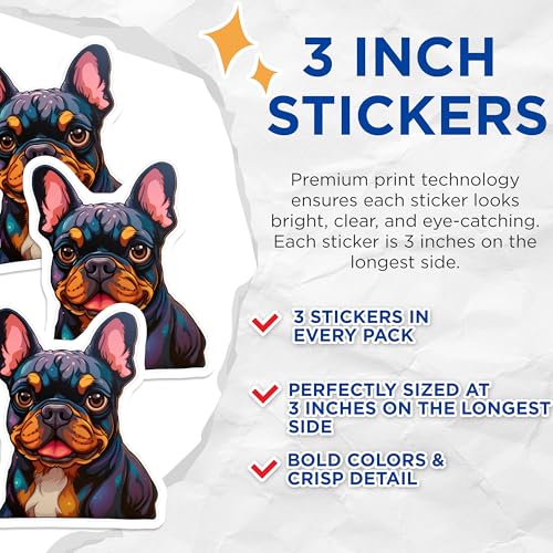 (3 Pack) French Bulldog Decals - Puppy Dog Breed Stickers - Pet Lover Decoration - 3 Inches On Longest Side - Easy Peel & Apply - Made in USA - 3MCS2706
