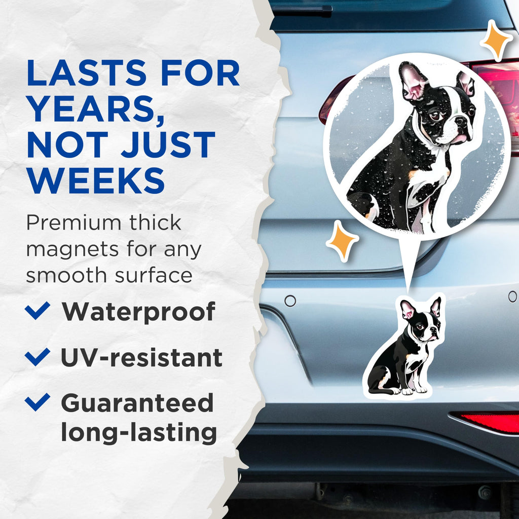 (2 Pack) Boston Terrier Dog Magnets - Adorable Puppy Refrigerator Decor - Pet Lover Animal Art - Boston Terrier Mom Dad Item - 5 Inches On Longest Side - Thick Durable Magnet - Made in USA - MAG23082