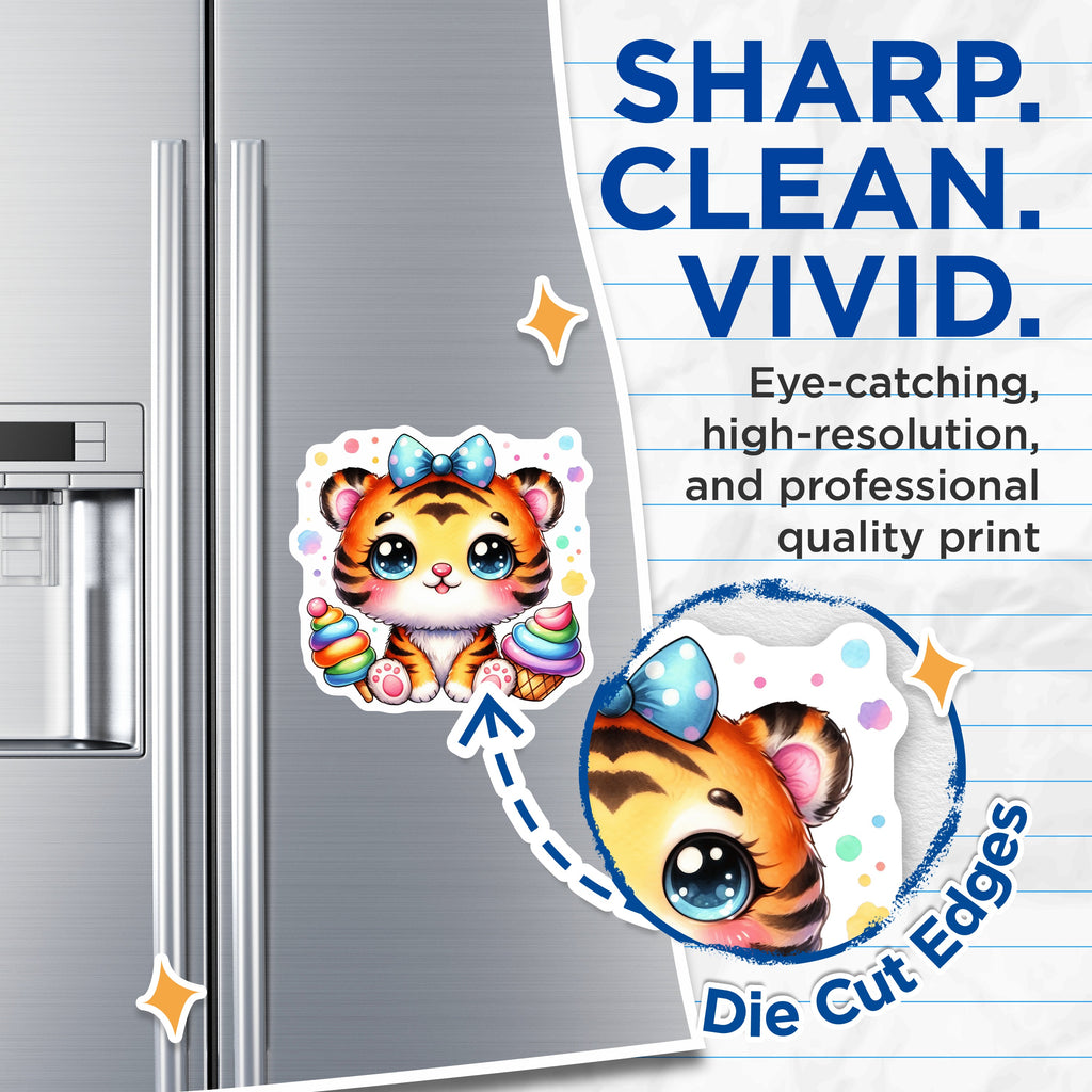 (2 Pack) Cute Tiger Magnets - Kawaii Animal Fridge Decor - Ice Cream Lover Home Item - Kids Nursery Art - 5 Inches On Longest Side - Thick Durable Magnet - Made in USA - MAG37251