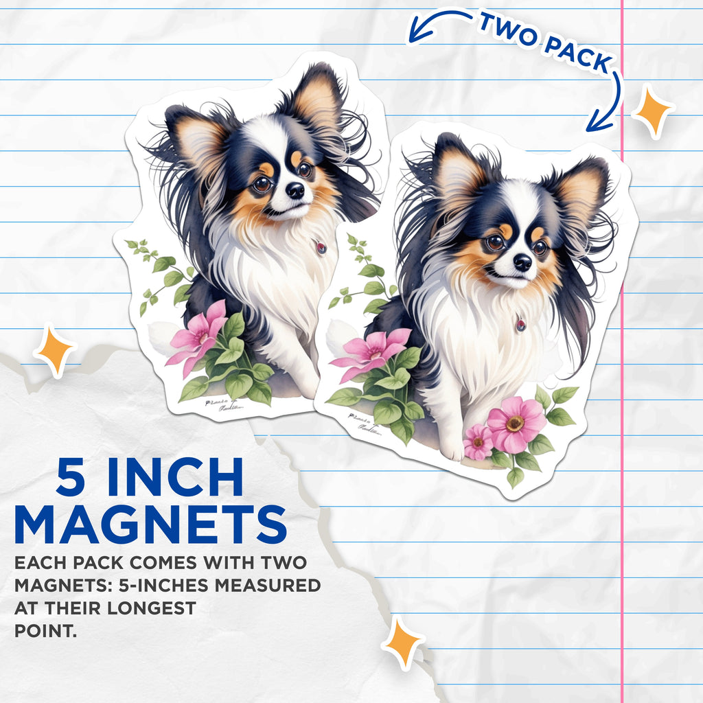 (2 Pack) Long Haired Chihuahua Magnets - Cute Dog Lover Decor - Floral Pet Art Fridge Accent - 5 Inches On Longest Side - Thick Durable Magnet - Made in USA - MAG36008