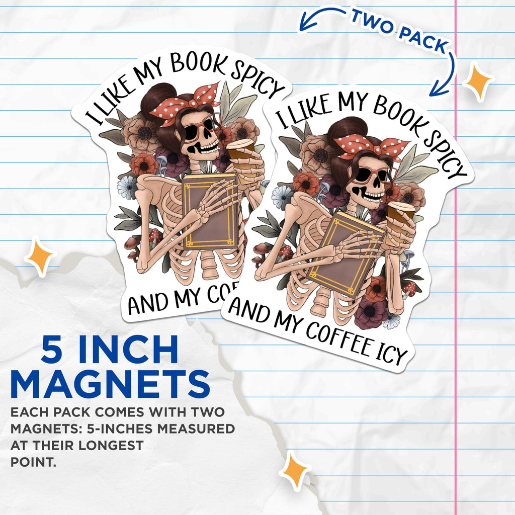 (2 Pack) Spicy Book ICY Coffee Magnets - Skeleton Reader - Book Lover Magnet - 5" On Longest Side - Premium Magnet - for Cars, Refrigerators, Toolboxes, Lockers - Made in USA - MAG14610