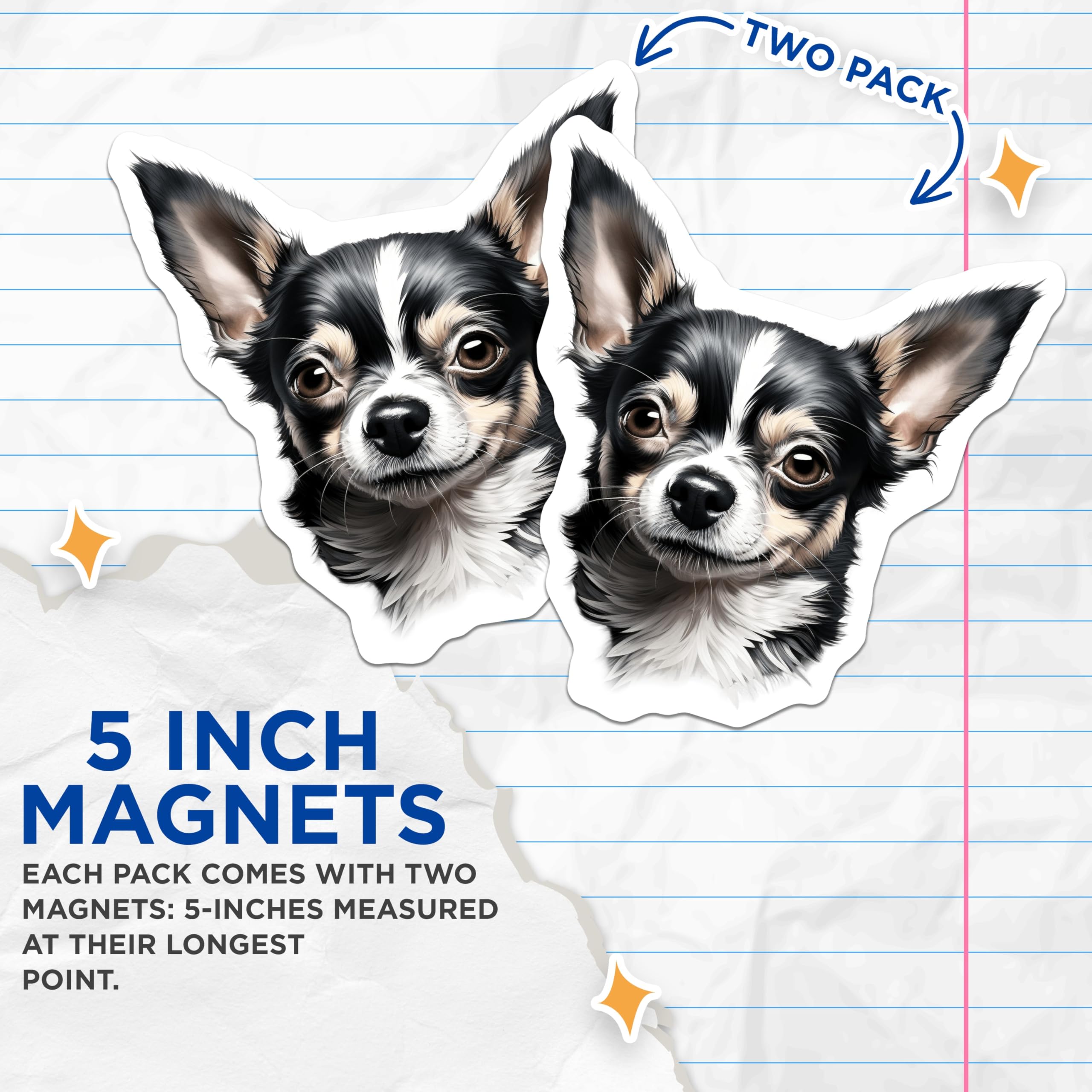 (2 Pack) Long Haired Chihuahua Magnets - Black White Tan Dog Lover Decor - Pet Owner Car Fridge Accessories - 5 Inches On Longest Side - Thick Durable Magnet - Made in USA - MAG23905