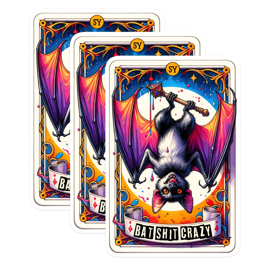 (3 Pack) Bat Shit Crazy Decals - Gothic Bat Art - Funny Decal - 3 Inches On Longest Side - Easy Peel & Apply - Made in USA - 3MCS0277