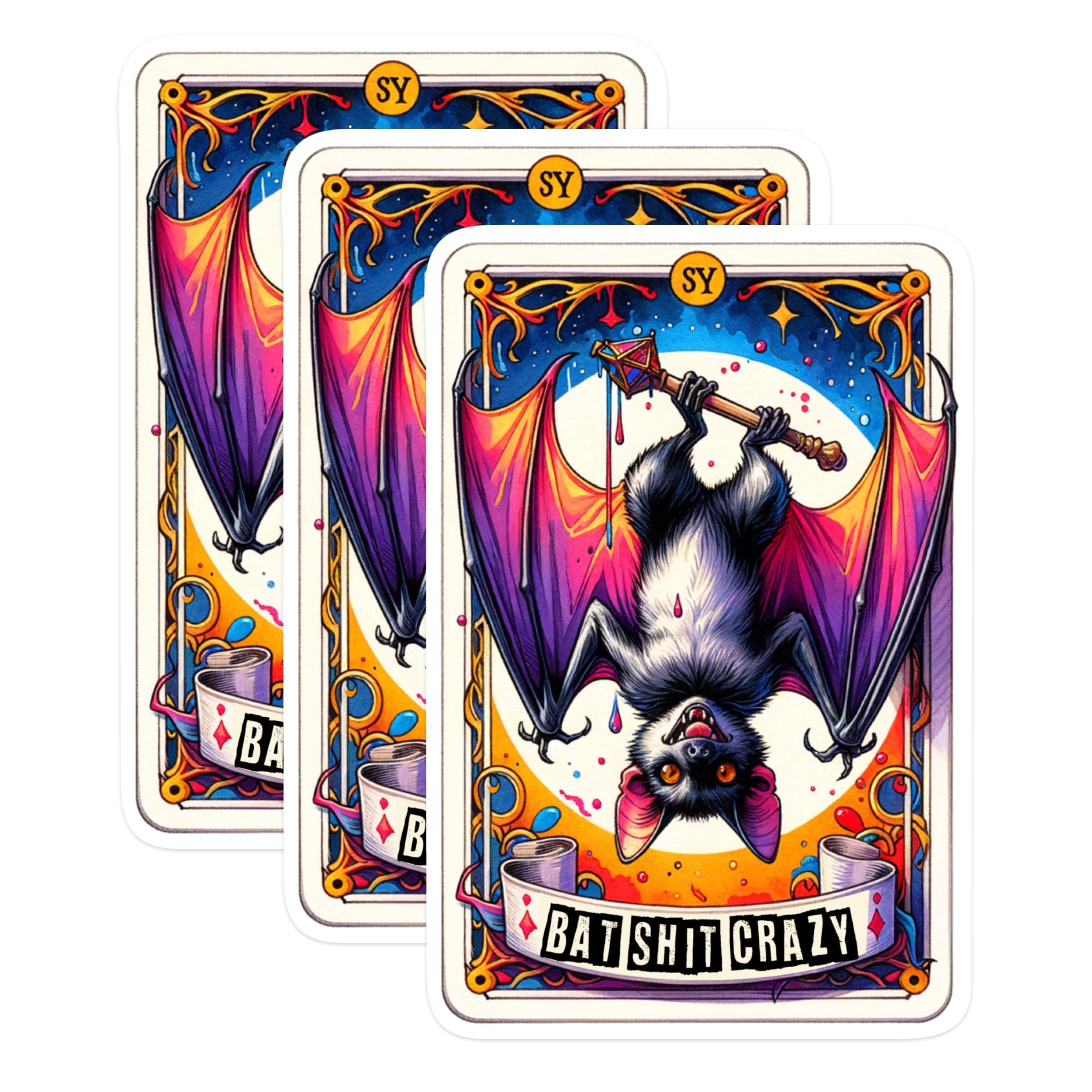 (3 Pack) Bat Shit Crazy Decals - Gothic Bat Art - Funny Decal - 3 Inches On Longest Side - Easy Peel & Apply - Made in USA - 3MCS0277