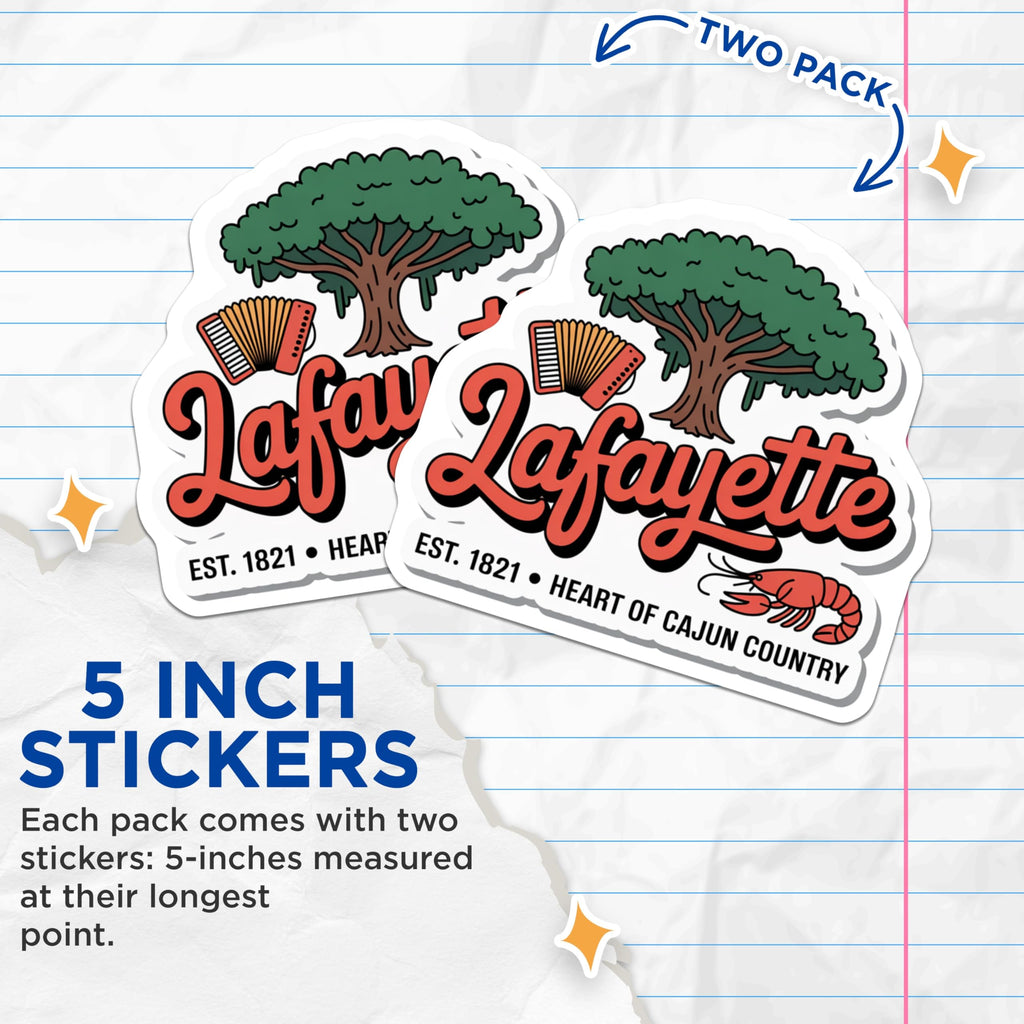 (2 Pack) Lafayette Louisiana Stickers - Cajun Country - Accordion Crawfish Tree Stickers - 5" On Longest Side - Sticks to Smooth Flat Surfaces - Made in USA - BMCS18401