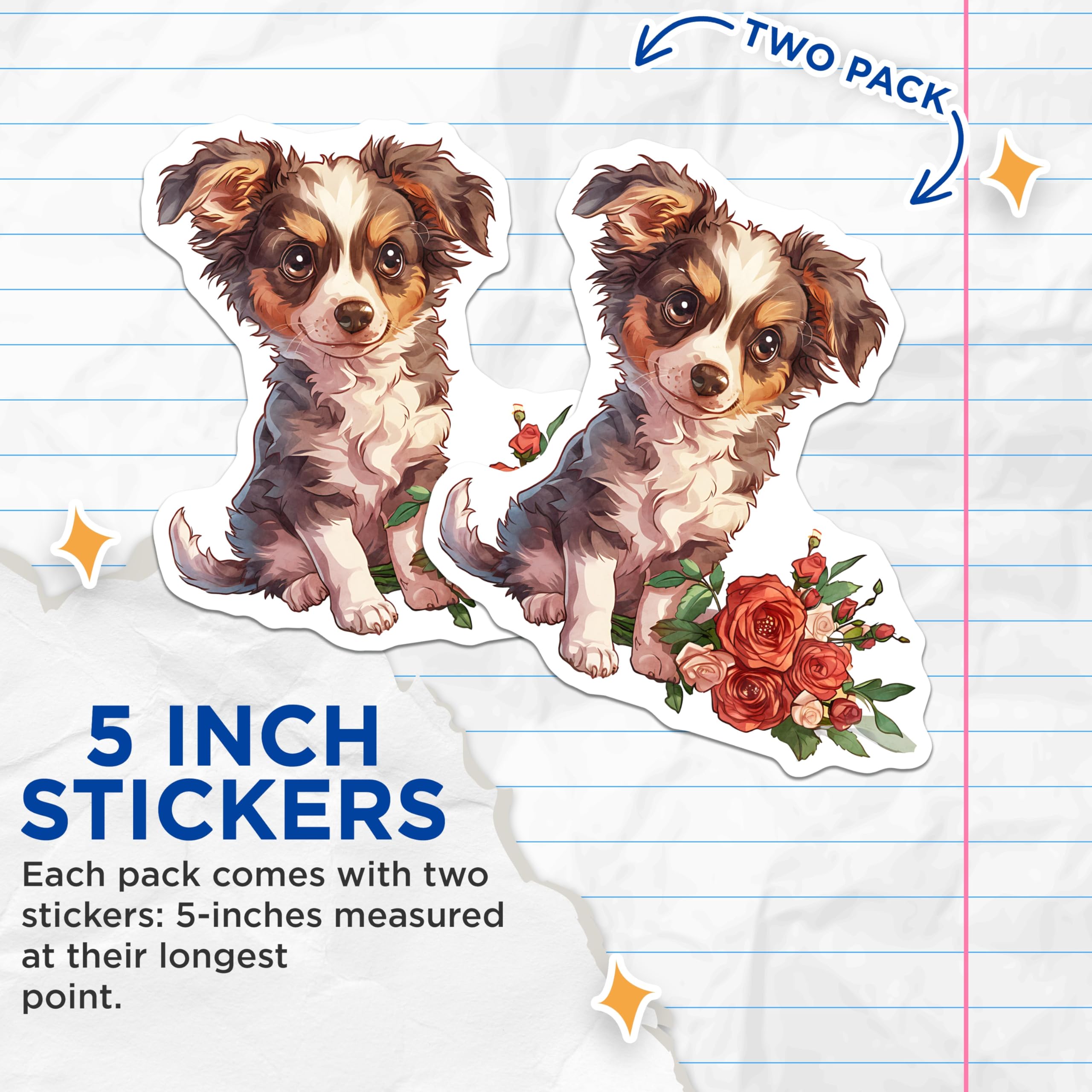 (2 Pack) Australian Shepherd Stickers - Cute Puppy Decal - Dog Breed Sticker - 5" On Longest Side - Sticks to Smooth Flat Surfaces - Made in USA - BMCS17105