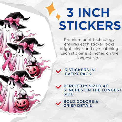 (3 Pack) Pink Ghost Decals - Breast Cancer Awareness - Halloween Decals - 3 Inches On Longest Side - Easy Peel & Apply - Made in USA - 3MCS1354