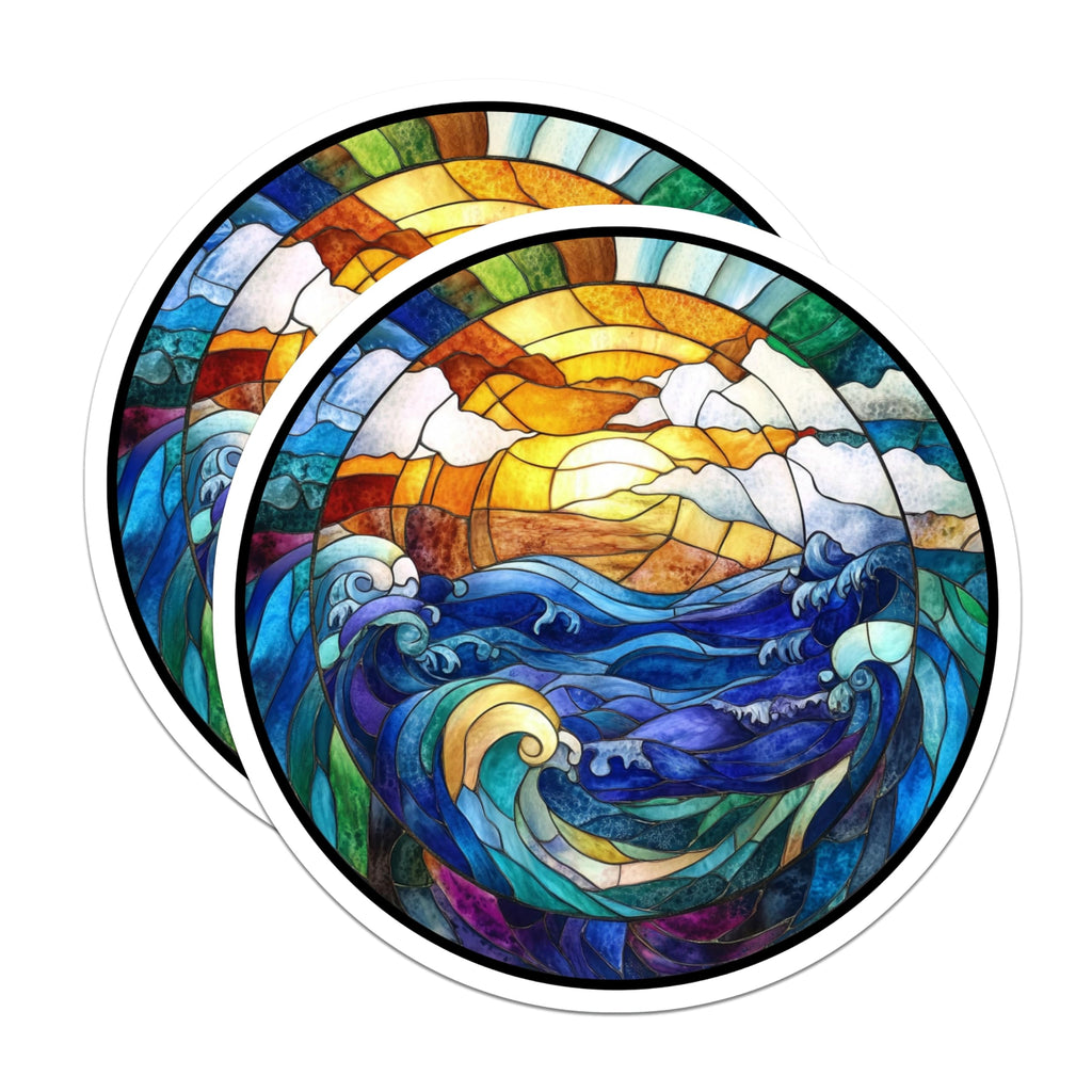 (2 Pack) Stained Glass Ocean Magnets - Sunset Wave Refrigerator Decor - Artistic Nature Home Accents - 5 Inches On Longest Side - Thick Durable Magnet - Made in USA - MAG29148