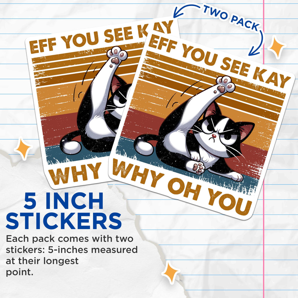 (2 Pack) Funny Cat Stickers - Eff You See Kay - Retro Aesthetic - Sassy Cat Humor - Cute Animal - 5" On Longest Side - Sticks to Smooth Flat Surfaces - Made in USA - BMCS5653