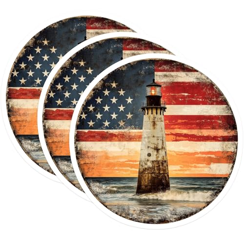 (3 Pack) Lighthouse Decals - American Flag Art - Patriotic Stickers for Laptop - 3 Inches On Longest Side - Easy Peel & Apply - Made in USA - 3MCS0040