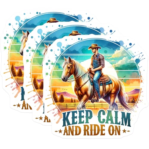 (3 Pack) Cowboy Horse Decals - Keep Calm and Ride On - Laptop Decal- 3 Inches On Longest Side - Easy Peel & Apply - Made in USA - 3MCS5415