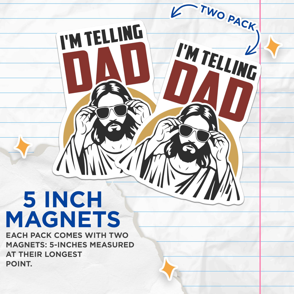 (2 Pack) Jesus Sunglasses Magnets - I'm Telling Dad Christian Humor - Divine Refrigerator Decor - Faith Based Funny Sayings - 5 Inches On Longest Side - Thick Durable Magnet - Made in USA - MAG23779
