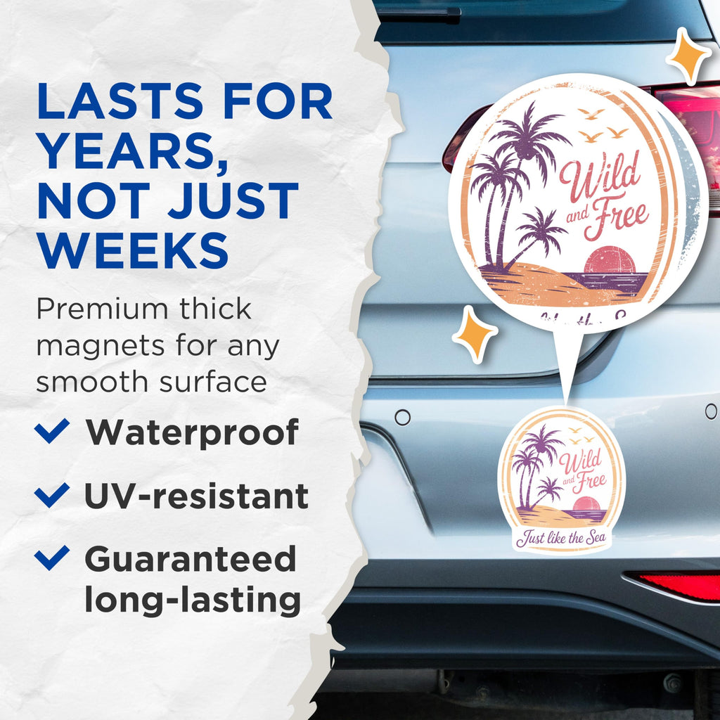 (2 Pack) Wild and Free Magnets - Palm Tree Beach Decor - Sunset Sea Magnets - 5" On Longest Side - Premium Magnet - for Cars, Refrigerators, Toolboxes, Lockers - Made in USA - MAG17557
