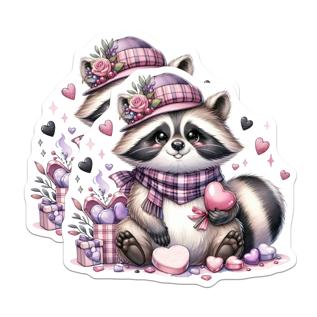 (2 Pack) Cute Raccoon Stickers - Valentine Animal - Sweet Heart Decor - 5" On Longest Side - Sticks to Smooth Flat Surfaces - Made in USA - BMCS20300