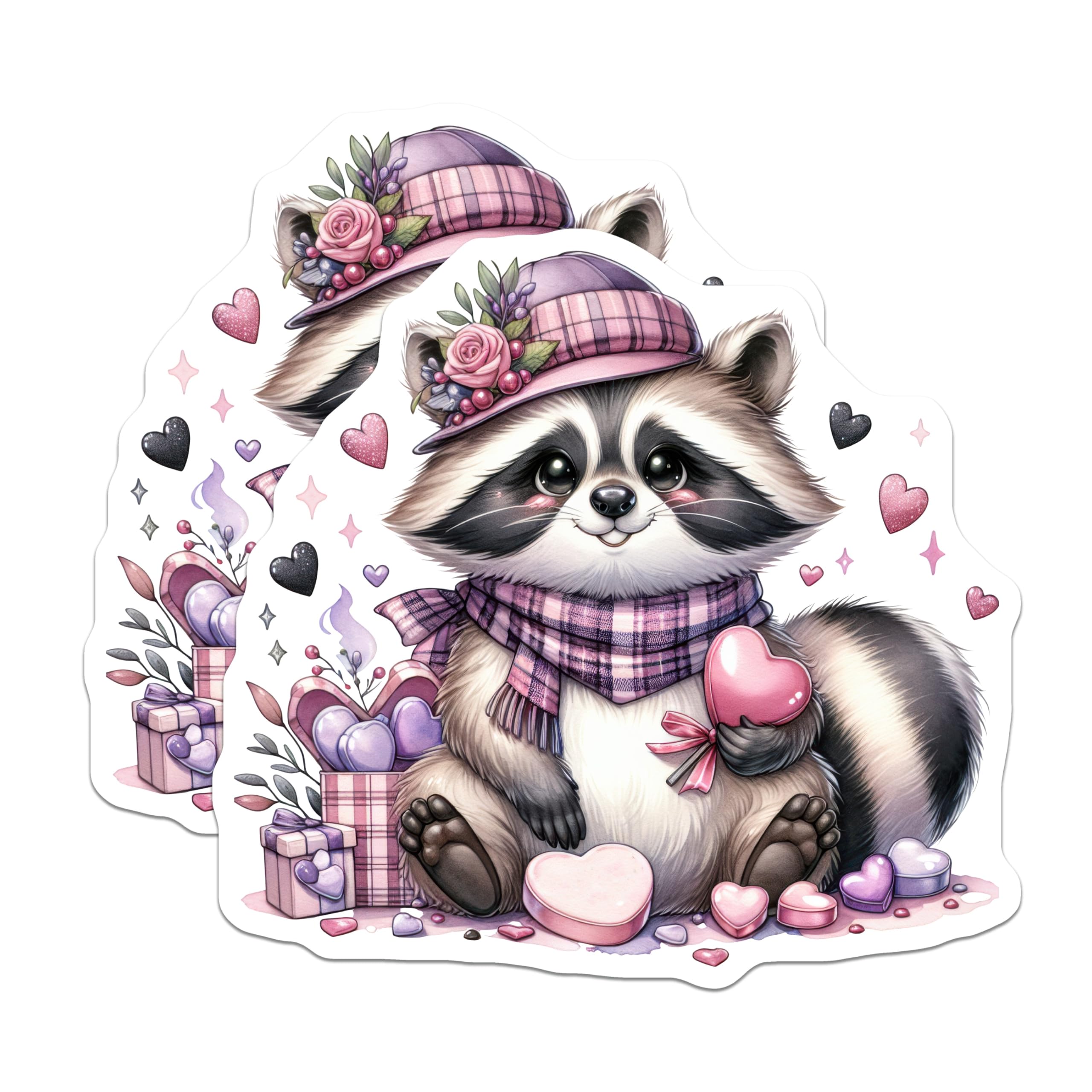 (2 Pack) Cute Raccoon Stickers - Valentine Animal - Sweet Heart Decor - 5" On Longest Side - Sticks to Smooth Flat Surfaces - Made in USA - BMCS20300