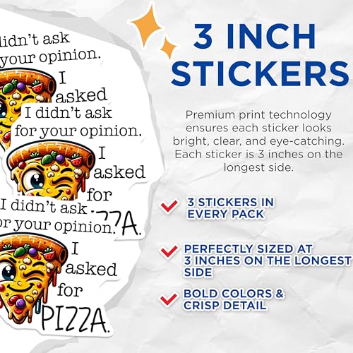 (3 Pack) Funny Pizza Decals - Pizza Lover - Laptop Decals - 3 Inches On Longest Side - Easy Peel & Apply - Made in USA - 3MCS7550