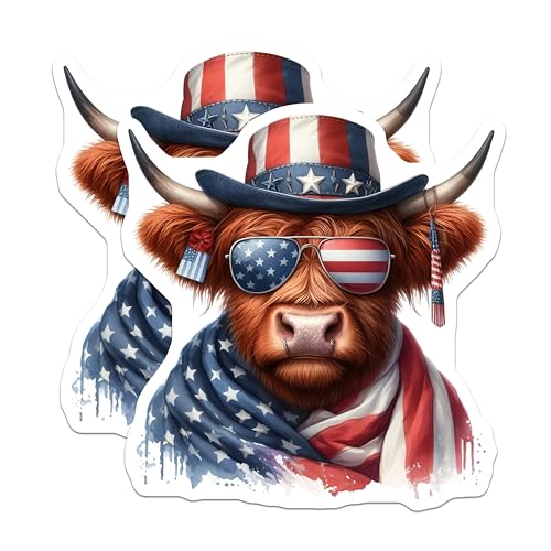 (2 Pack) Patriotic Cow Stickers - American Flag Hat - Sunglasses - Fourth of July - 5" On Longest Side - Sticks to Smooth Flat Surfaces - Made in USA - BMCS6373
