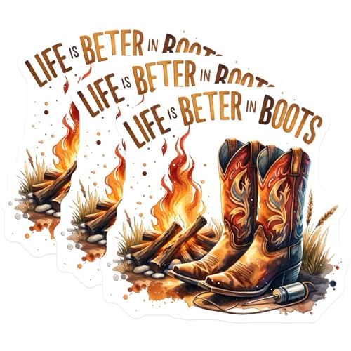 (3 Pack) Cowboy Boots Decals - Life is Better in Boots - Country Western Decal- 3 Inches On Longest Side - Easy Peel & Apply - Made in USA - 3MCS5702