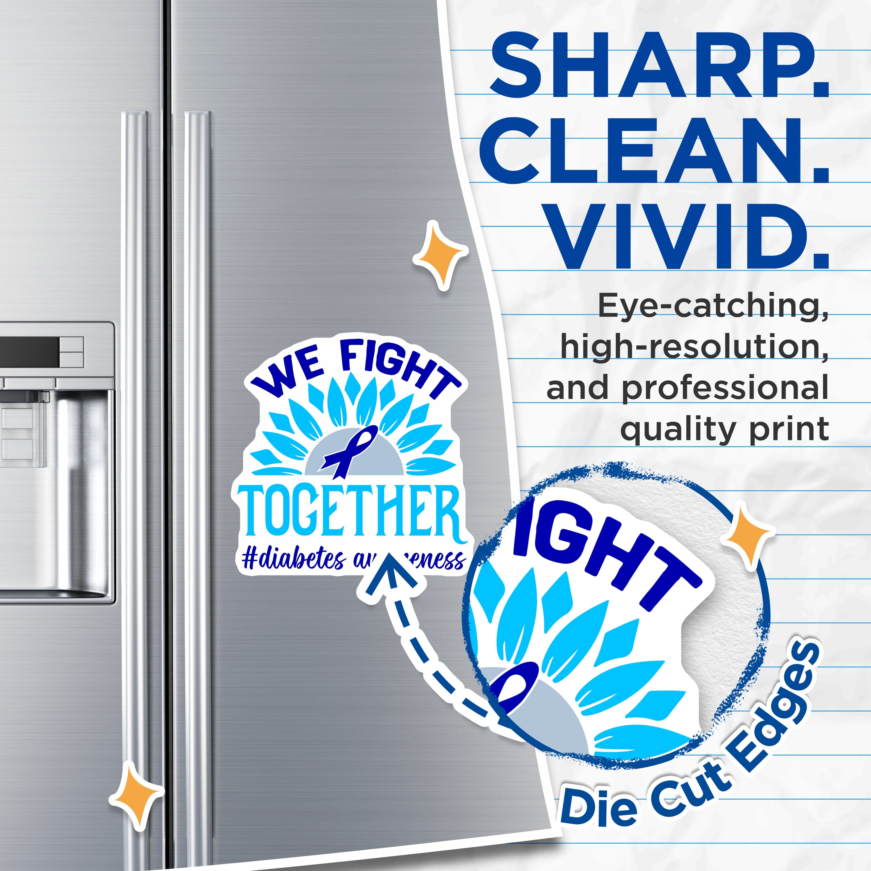 (2 Pack) Diabetes Awareness Magnets - We Fight Together - Blue Ribbon Support - Health Advocate Inspire Hope - 5 Inches On Longest Side - Thick Durable Magnet - Made in USA - MAG37569