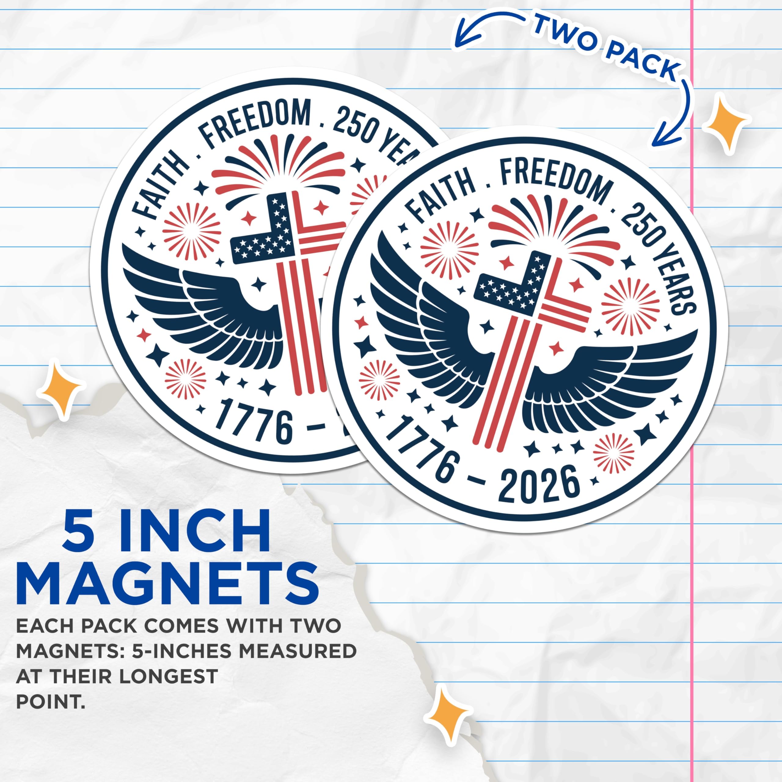 (2 Pack) 1776 2026 Anniversary Magnets - Faith Freedom USA Cross - Patriotic Celebration Bicentennial - 5 Inches On Longest Side - Thick Durable Magnet - Made in USA - MAG21375