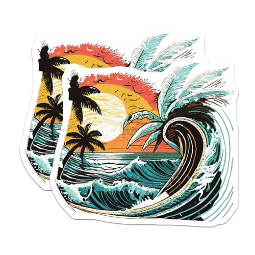 (2 Pack) Beach Sunset Magnets Magnets - Tropical Ocean Scene - Coastal Palm Tree Design - 5" On Longest Side - Made in USA - Sticks to Refrigerators & Metal Surfaces - MAG9264