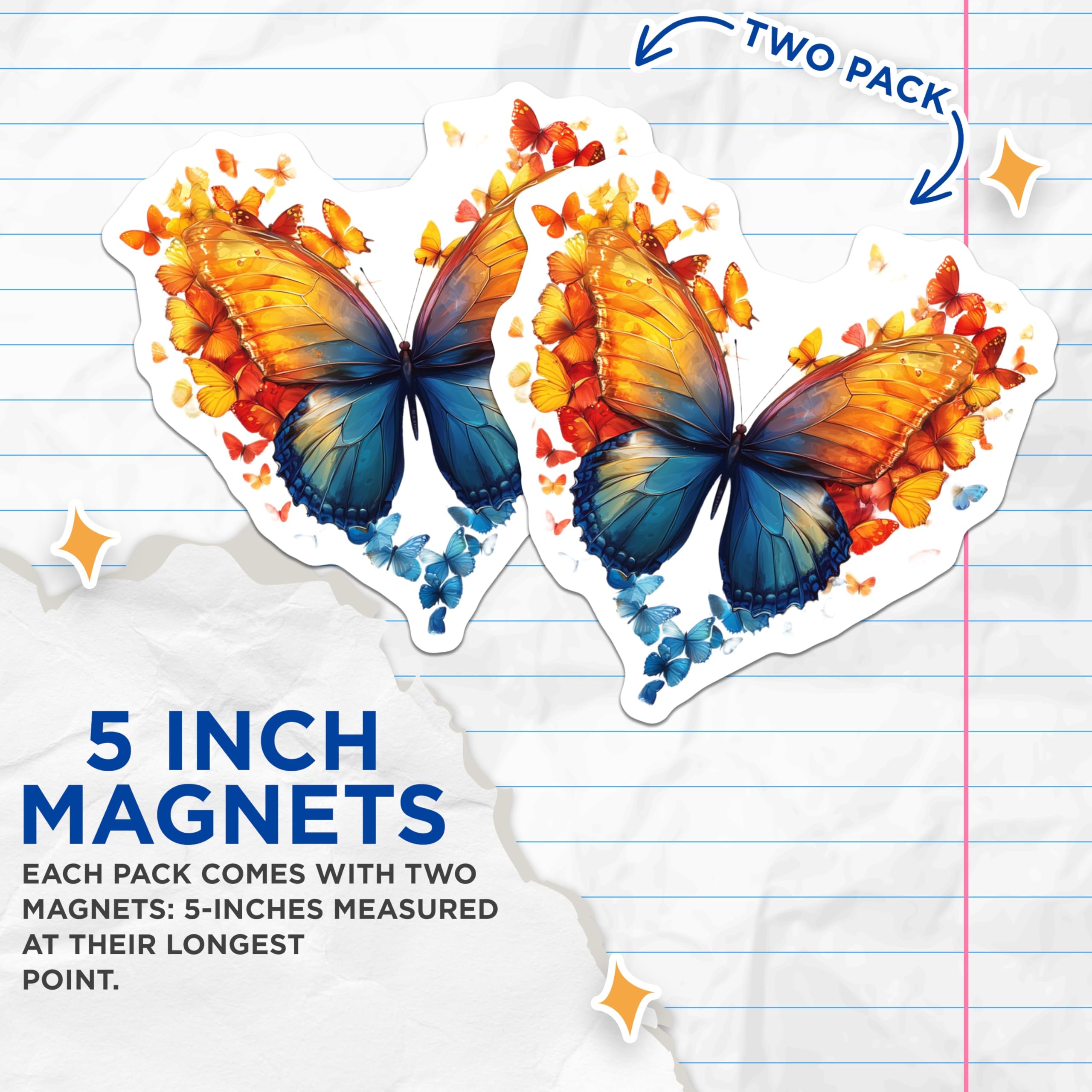 (2 Pack) Colorful Butterfly Magnets - Heart Shape Design - Vibrant Insect Decor - 5 Inches On Longest Side - Thick Durable Magnet - Made in USA - MAG24306