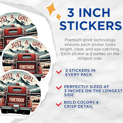 (3 Pack) Fire Truck Decals - Just A Girl Design - Laptop Decals- 3 Inches On Longest Side - Easy Peel & Apply - Made in USA - 3MCS5959