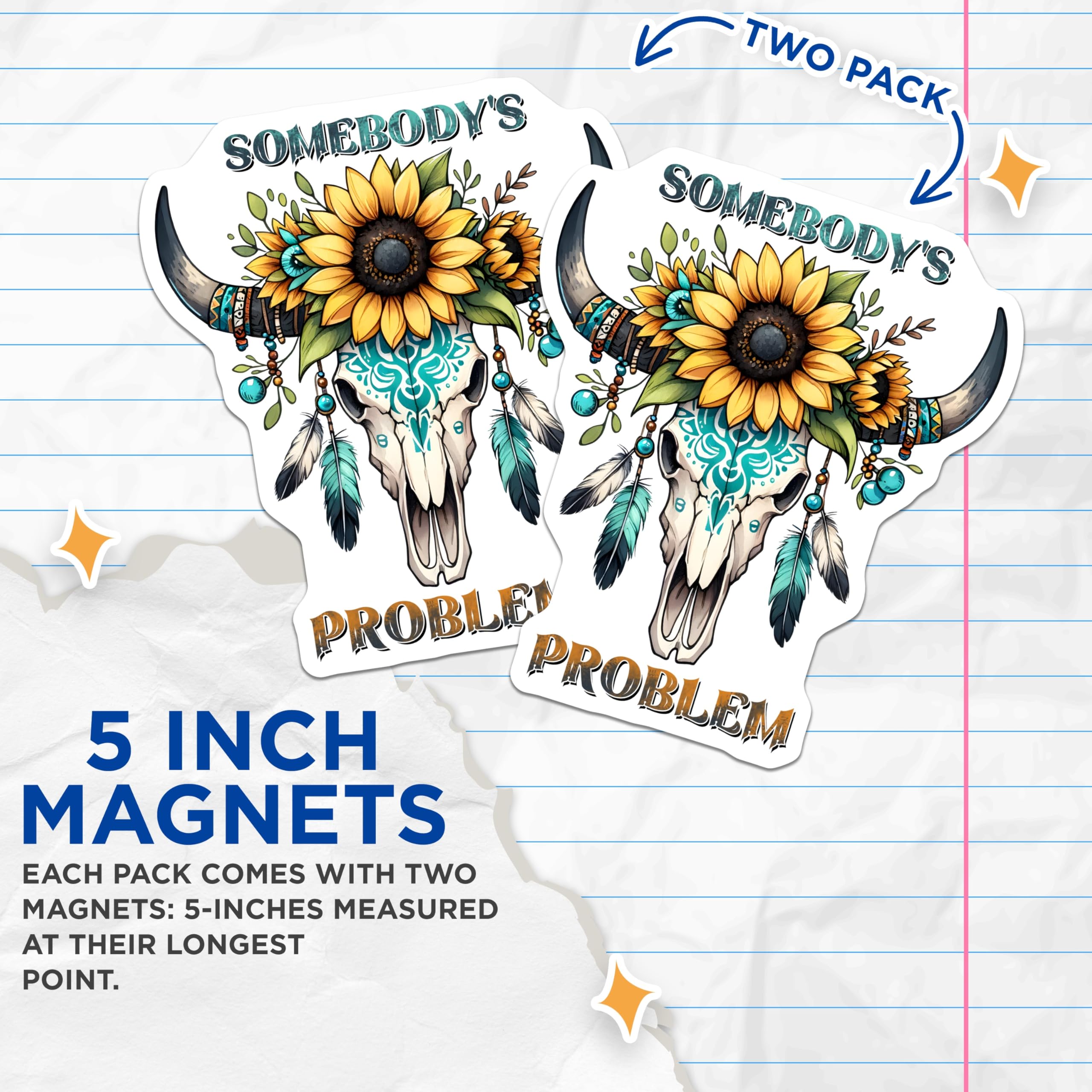 (2 Pack) Bull Skull Sunflower Magnets - Boho Style - Southwestern Decor - 5" On Longest Side - Premium Magnet - for Cars, Refrigerators, Toolboxes, Lockers - Made in USA - MAG16326