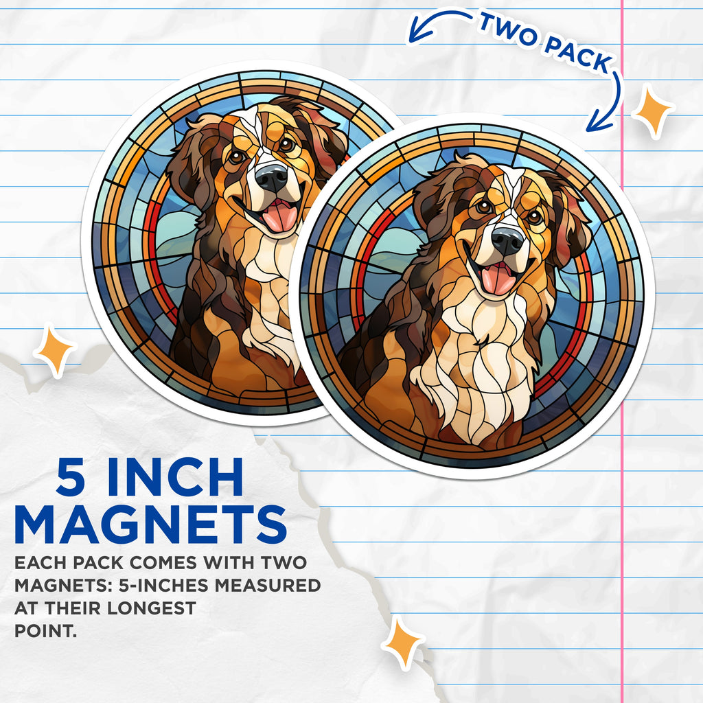 (2 Pack) Bernese Mountain Dog Magnets - Stained Glass Art Dogs - Australian Shepherd Decor - Pet Owners Fridge Magnets - 5 Inches On Longest Side - Thick Durable Magnet - Made in USA - MAG37724