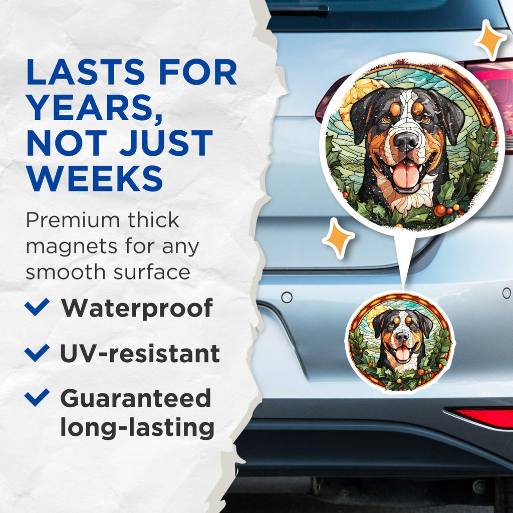 (2 Pack) Bernese Mountain Dog Magnets - Stained Glass Dog Art - Christmas Holiday Pet Decor - Berner Lover Fridge Display - 5 Inches On Longest Side - Thick Durable Magnet - Made in USA - MAG30041