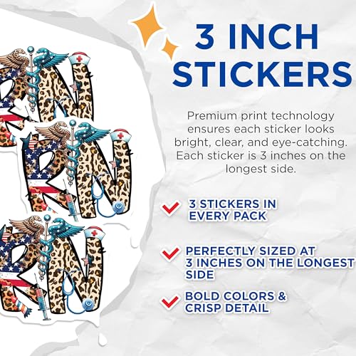 (3 Pack) Patriotic Nurse RN Decals - American Flag - Leopard Print - Medical Decals - 3 Inches On Longest Side - Easy Peel & Apply - Made in USA - 3MCS7239