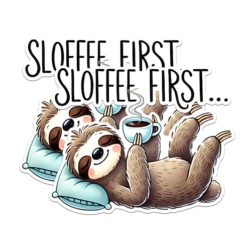 (2 Pack) Sloth Coffee Stickers - Funny Animal Stickers - Cute Sloth Decals for Laptops - 5" On Longest Side - Sticks to Any Smooth Flat Surface - Made in USA - BMCS2727