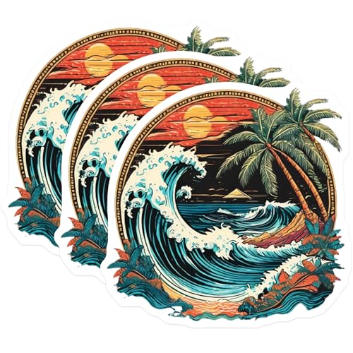(3 Pack) Tropical Beach Decals - Sunset Palm Tree - Ocean Wave Stickers - 3 Inches On Longest Side - Easy Peel & Apply - Made in USA - 3MCS8016
