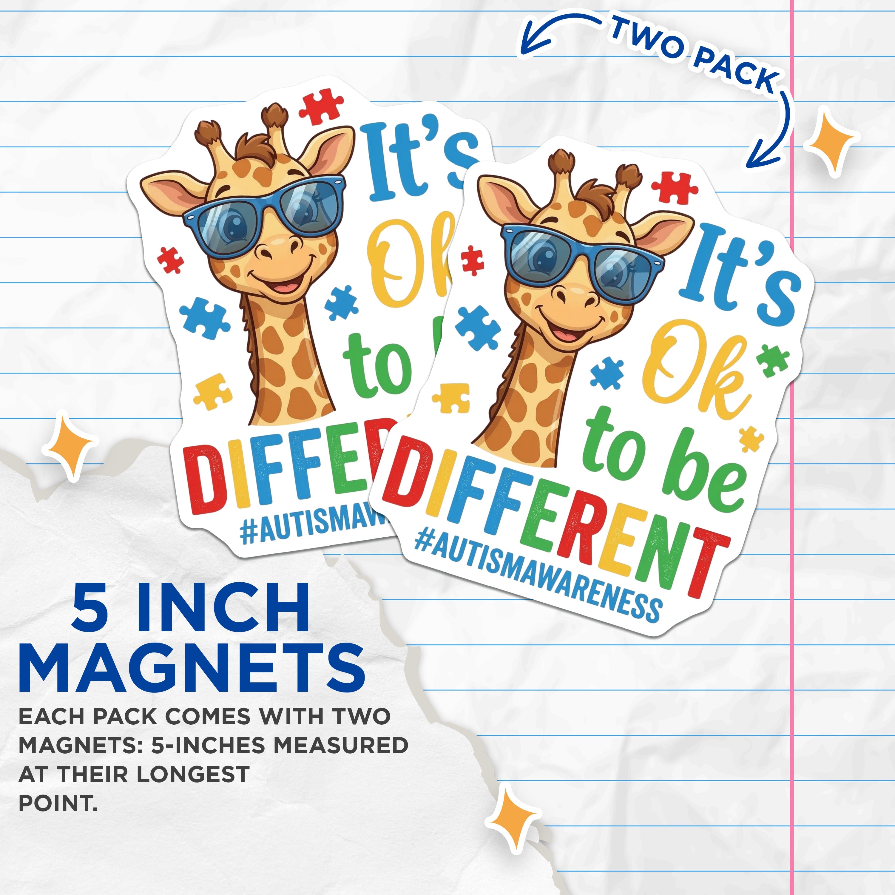 (2 Pack) Autism Awareness Magnets - It's Ok to be Different - Giraffe Puzzle Piece - Neurodiversity Support Decor - 5 Inches On Longest Side - Thick Durable Magnet - Made in USA - MAG38918