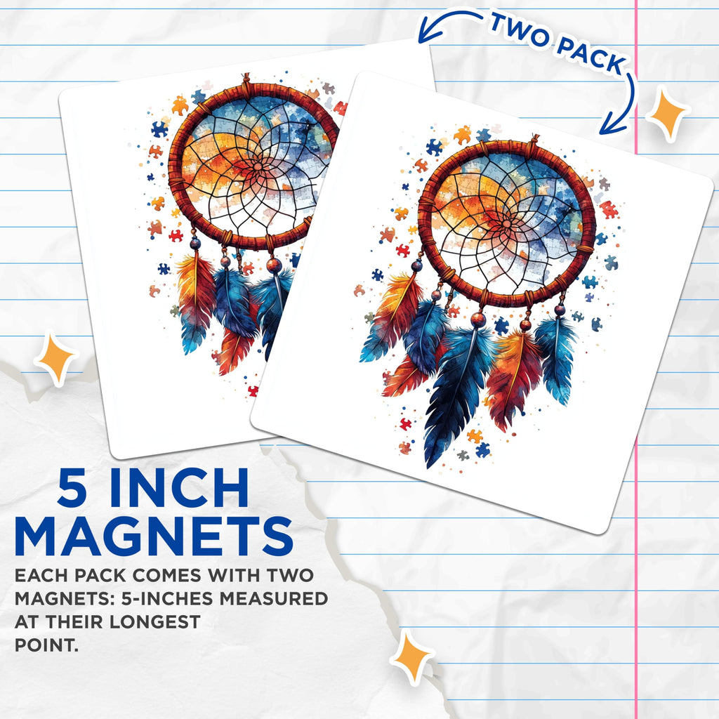 (2 Pack) Autism Awareness Dreamcatcher Magnets - Neurodiversity Support Symbol - Puzzle Piece Refrigerator Decor - 5 Inches On Longest Side - Thick Durable Magnet - Made in USA - MAG25938
