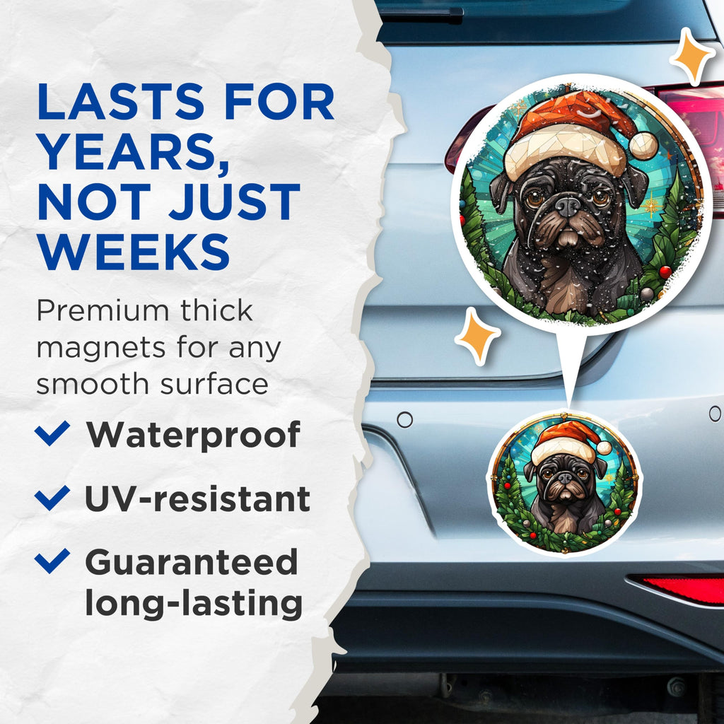 (2 Pack) Christmas Pug Magnets - Stained Glass Art Dog Decor - Festive Holiday Animal Lover Refrigerator Magnets - 5 Inches On Longest Side - Thick Durable Magnet - Made in USA - MAG23561