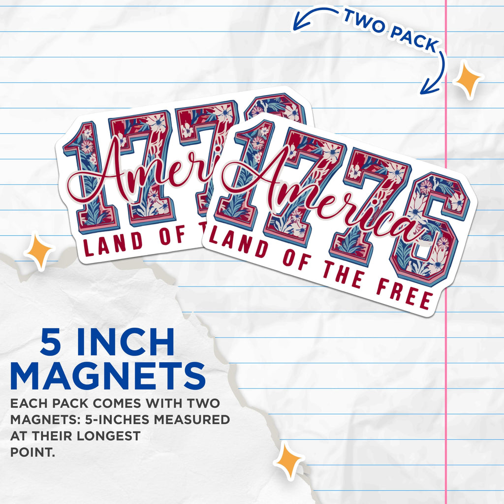 (2 Pack) 1776 America Magnets - Land of the Free Decor - Patriotic USA Display - 5 Inches On Longest Side - Thick Durable Magnet - Made in USA - MAG20881