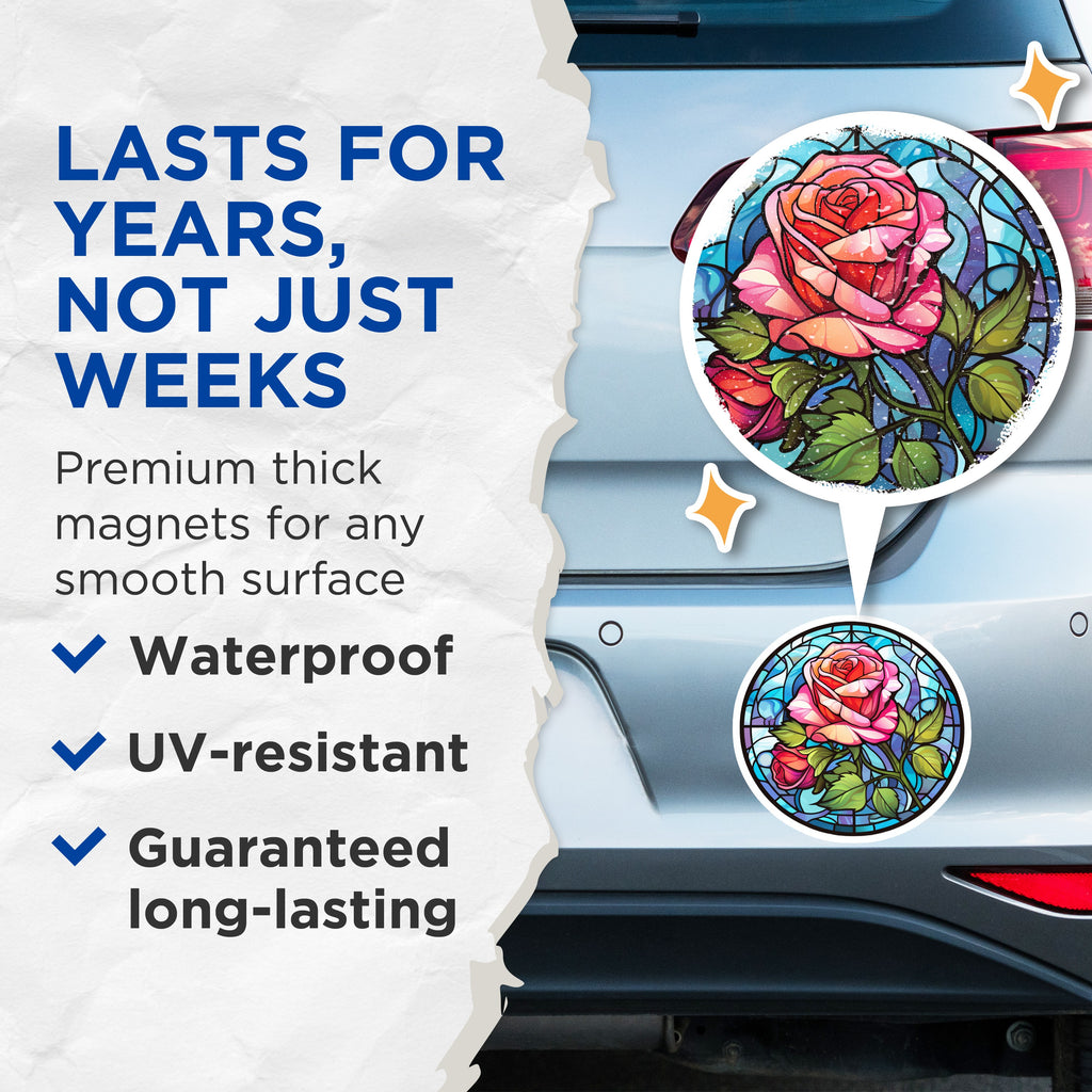 (2 Pack) Stained Glass Rose Magnets - Floral Kitchen Decor - Aesthetic Refrigerator Magnet - Botanical Artwork - 5 Inches On Longest Side - Thick Durable Magnet - Made in USA - MAG37715